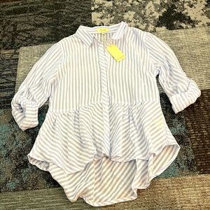 Love Notes cotton Button Up with Peplum Bottom Blue and White Stripes.